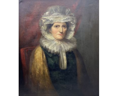 English School (19th Century): Portrait of a Lady in a White Lace Bonnet and Ruff, oil on canvas unsigned 73cm x 60cm 