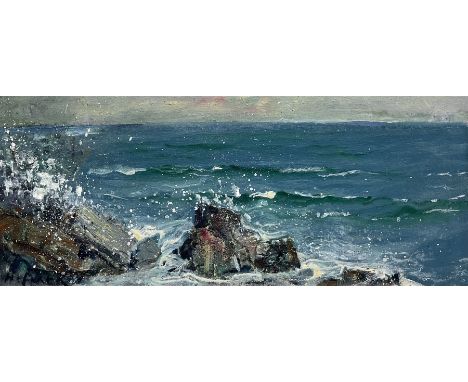 Rupert Aker (British Contemporary): Seascape, mixed media on canvas laid on board signed 19cm x 45cm