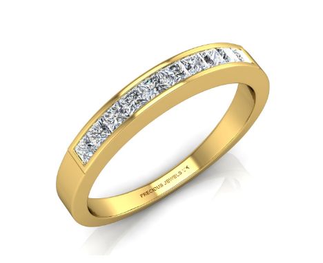 Ten princess cut diamonds set in a 9ct yellow gold half eternity channel setting, with a total diamond weight of 0.50 carats.