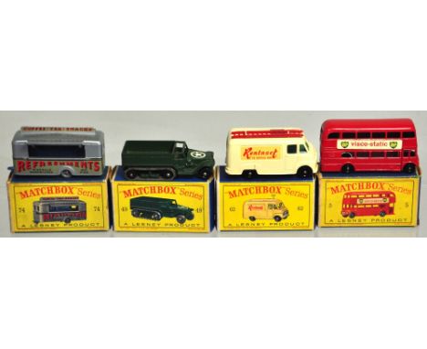 Four Matchbox "Series 1" vehicles to include a Routemaster London bus no.5, "Rentaset TV service van" no.62, a mobile canteen