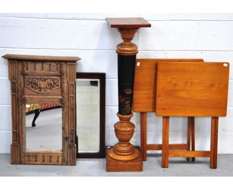 Two contemporary light oak fold away tables of small proportions, an early 20th century mahogany framed wall mirror, a contem