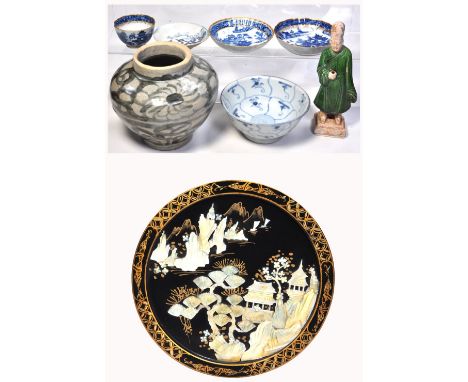 A small quantity of largely 17th, 18th and 19th century blue and white ceramics to include a Tek Sing bowl, a Tek Sing dish, 