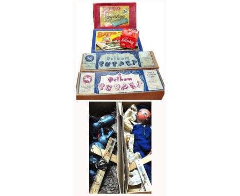 Two boxed sets of Bayko building blocks, two early Pelham puppets in brown boxes with blue labels, "Donkey" and "Sailor" also