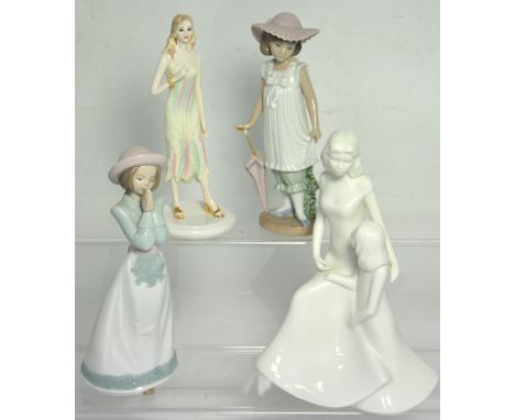 Two Nao figurines; one a girl with umbrella and the other a girl praying, a Royal Worcester figurine entitled "Mothers Love" 