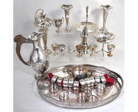 A plated gallery tray, claret jug with horn handle, a sugar sifter, egg cups etc.