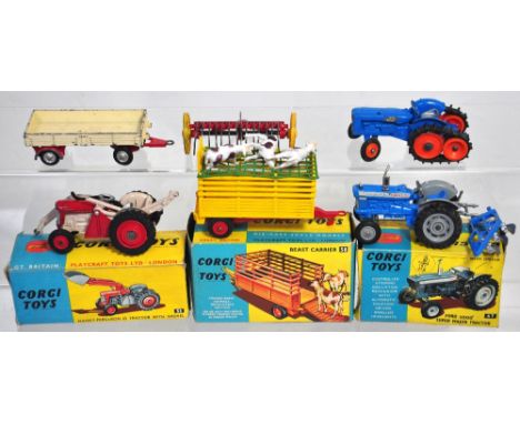 A Corgi farm group to include Massey-Ferguson 65 tractor, Ford 5000, Fordson tractor, "beast carrier" trailer, dropside trail