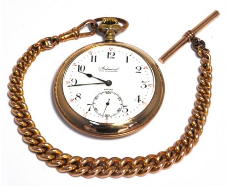 A gold plated crown wind open face pocket watch, the white enamel dial inscribed "Admiral", dial set with Arabic numerals and