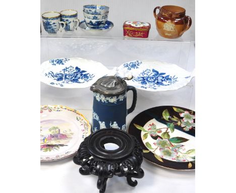 A small quantity of 18th and 19th century ceramics to include blue and white transfer teaware, a tin glaze plate with hand pa