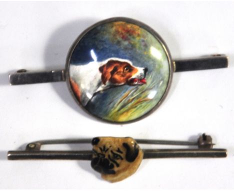 Two enamel dog brooches, a hound and a pug (2).