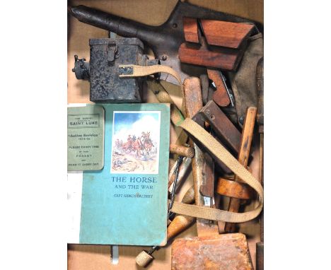 A small quantity of wooden and other vintage tools, a WWI entrenching spade, a military belt bag and  a book, "The Horse and 