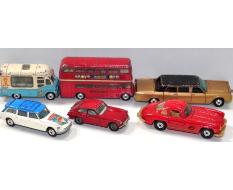 Six assorted playworn Corgi vehicles to include a Lincoln continental, Smith's ice cream van, Citroen Safari Grenoble Winter 