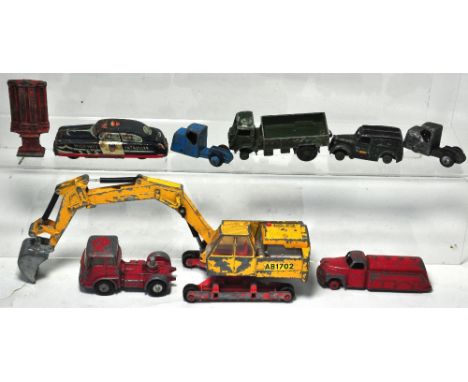 Nine assorted playworn diecast vehicles to include a Dinky Atlas mobile excavator, army wagon, telephone service van no.261, 