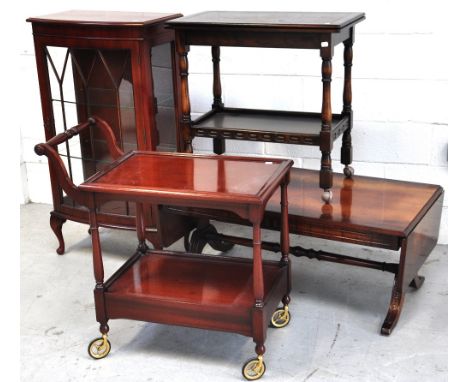 A reproduction sofa table, length 108cm, a retro display cabinet and two retro trolley tables (4).