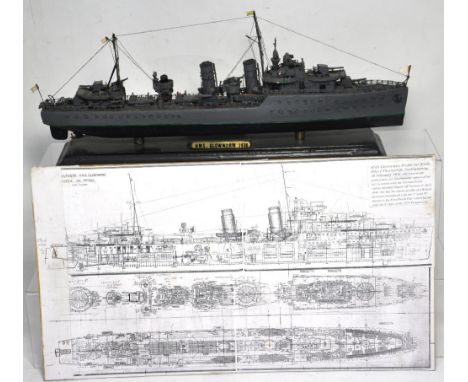 A scratch built 1/4" - 1' model of HMS "Glow Worm" mounted on a wooden plinth and complete with scale plan mounted on card,  