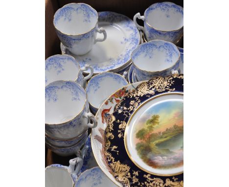 A Foley blue and white tea service, gilt heightened with wishbone handles, comprising cups, saucers, tea plates etc, also a R