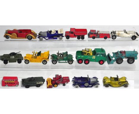 Seven Matchbox "Models of Yesteryear", two military scout cars, a Matchbox excavator, Foden breakdown truck, combine harveste