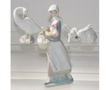 Two Lladro figures a young lady holding a duck with eggs in a basket, a duck preening and a Royal Copenhagen figure of two ra