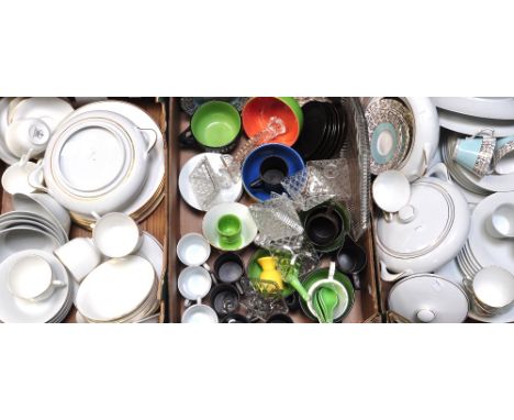 Two boxes of collectables to include white porcelain dinner and teaware, vintage cups and saucers and a small quantity of gla