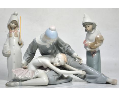 Two Lladro figures of young girls, one holding a cockerel and a similar figural group of Pierrot and Columbine (3).