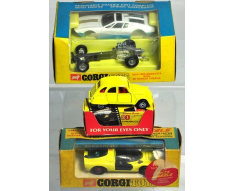 A Corgi toys Ghia 5000 Mangusta no.271 in window box, a Corgi "Redspot" Ferrari 206 in yellow and black livery boxed and a Co