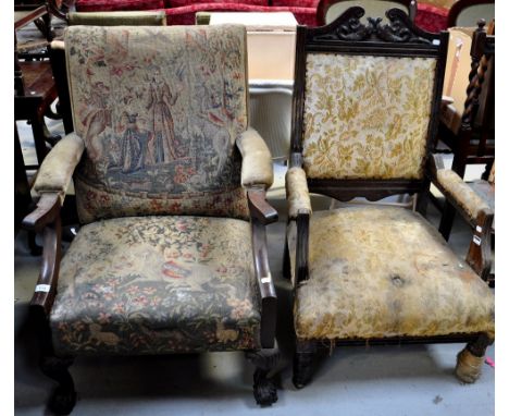 A Victorian mahogany armchair on turned legs and another Victorian tapestry upholstered armchair on ball and claw feet, both 