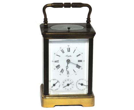 A 19th century grande sonnerie brass carriage clock with Roman numerals and three subsidiary dials, height 13cm. CONDITION RE