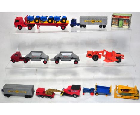 A quantity of playworn Matchbox diecast vehicles to include "Hopper Train", "Road Train", Hoveringham tipper truck, articulat