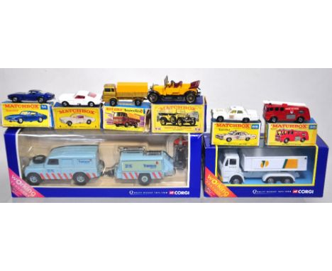 Two boxed Corgi vehicles, Mercedes tipper truck and a "Transco" Land Rover set, also four Matchbox superfast cars, Matchbox n