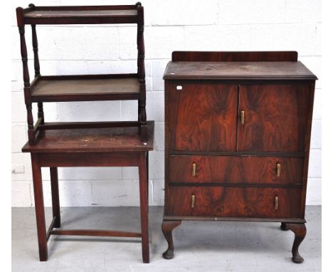 An early 20th century mahogany chess table, a contemporary mahogany cabinet double door section above two long drawers on cab