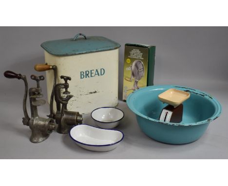 A Vintage Enamel Bread Bin, Vintage Kitchen Tools, Enamel etc 