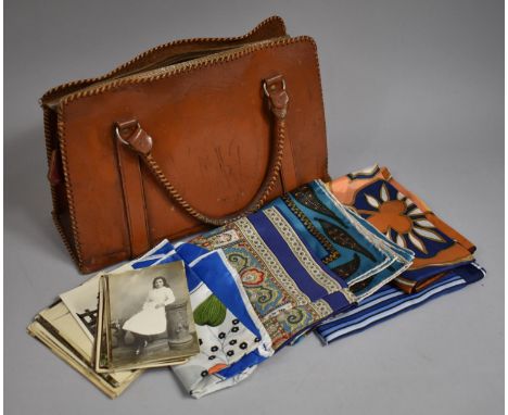 A Vintage Ladies Handbag Containing Silk Scarves and Collection of Edwardian Postcards etc 