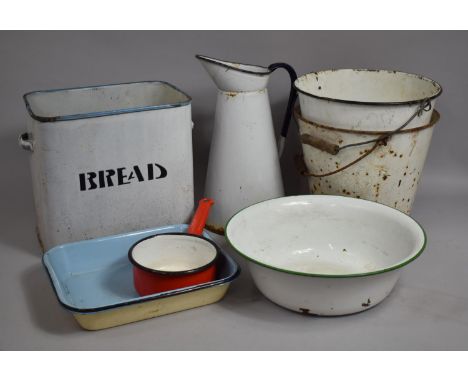 A Collection of Various Vintage Enamel to Include Buckets, Bread Bin, Pans etc 