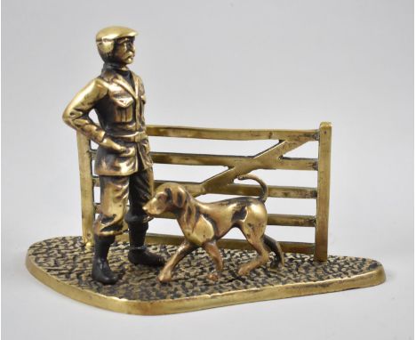 A Heavy Brass Study of Farmer and Hound Beside Gate, 18cm Wide 