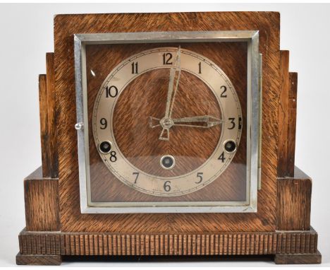An Art Deco Oak Cased Westminster Chime Mantle Clock, The Clarion, Architectural Form, 27cm wide 