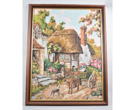 A Framed Tapestry, Horse and Cart Outside Thatched Cottage, 43x58cm 