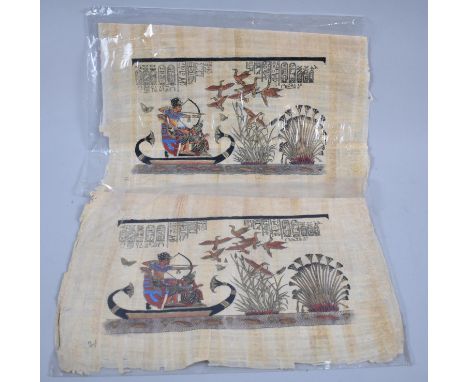 Two Sheets of Egyptian Painted Papyrus Depicting Pharaoh Hunting Birds, 45cm Wide 