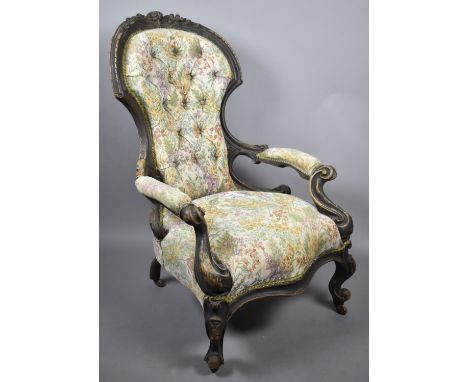 A Victorian Carved Frame Balloon Back Ladies Armchair  with Button Tapestry Upholstery, Frame in Need of Some Repair 