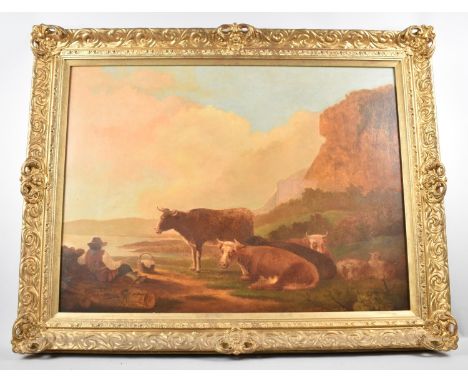 A Large Gilt Framed Print, Farmer with Cattle, 68x50cm 