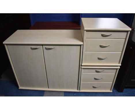 A Pair of Three Drawer Modern Chests and Matching Shelf Side Cabinet, 49x94cm wide Respectively 