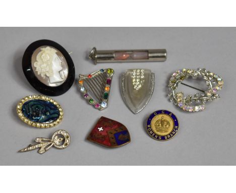 A Collection of Novelty Brooches to Include Abalone Shell, Cameo, Harp Shapes, Enamelled OCA Brooch and Shropshire Brooch 