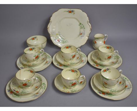A Hammersley &amp; Co. Teaset with Hand Painted Cottage Scene and Floral Garland Decoration to comprise Cake Plate, Side Plat