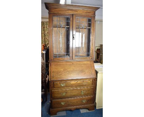 An Edwardian Oak Leaded Glazed Bureau Bookcase in Need of Some Restoration, Fall Front to Fitted Interior, Bracket Feet, 92cm