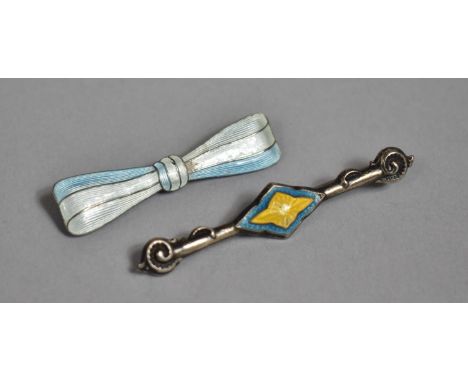 Two Silver and Enamel Brooches, the One in the form of Bow Tie the Other with Lozenge Shape Decoration and Scrolled Ends 