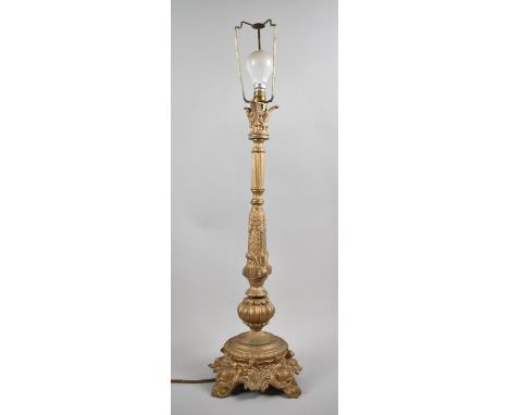 A Tall Gilt Sprayed Metal Table Lamp with French Style Decoration, 59cm high, No Shade 