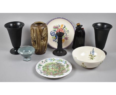 A Collection of Mid 20th Century Ceramics to Include Wade Decanter, Wedgwood Vases, Poole Bowl, Basalt Candlestick Etc 