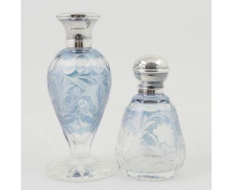 Modern silver mounted engraved glass scent bottle, the blue tinted flask engraved with scrolling foliage and flowers, thumb c