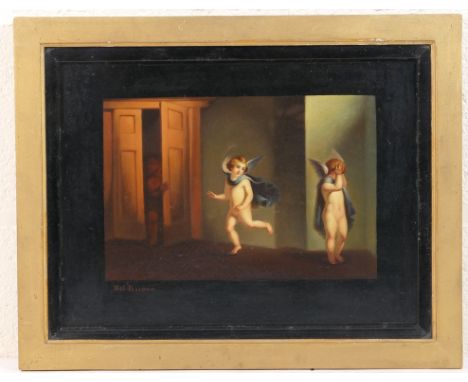 Luigi Del Buono (circa early 19th Century), Cherubs playing hide and seek, signed, oil on board, 27.5cm x 37cm