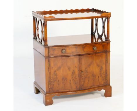 Yewood side cabinet, 20th Century, three-quarter galleried top over a book shelf and long drawer, with two cupboard doors ben