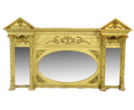 Regency giltwood portico overmantel mirror, circa 1815-25, having double architectural pediments, raised on Corinthian column