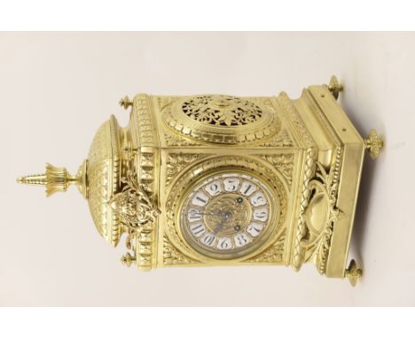 French cast brass mantel clock, late 19th Century, Rococo style architectural case surmounted with finials and mask applique 